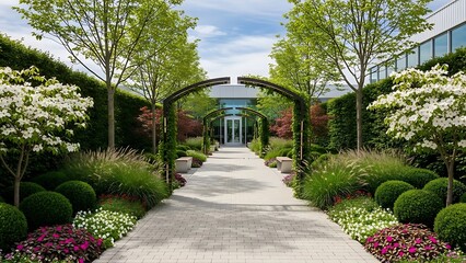 Obraz premium Manicured garden path leading to modern corporate building entrance