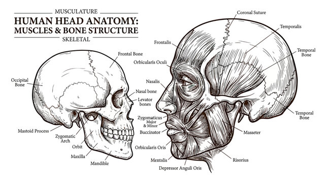 Human Head Anatomy: Muscles & Bone Structure Skeletal - Medical Illustration