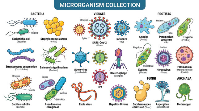 Microorganism Collection: Bacteria, Viruses, Protists, Fungi, Archaea Illustration