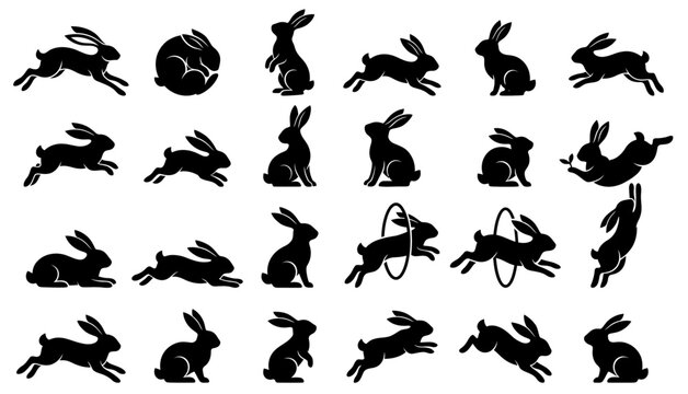 Rabbit silhouette collection, 24 black bunny icons in various poses, jumping and sitting hare vector set for Easter and nature designs