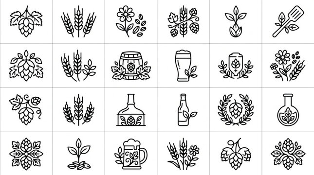 Black and white beer brewing icons set.