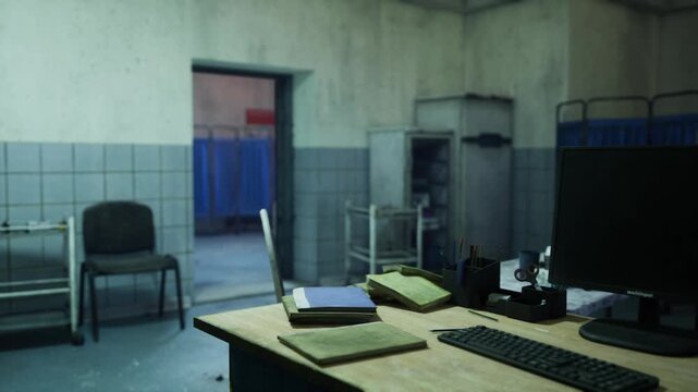 patient intake station with computer, stacked files and blue partition, quiet administrative space with chairs, clipboard, stapler and muted lighting