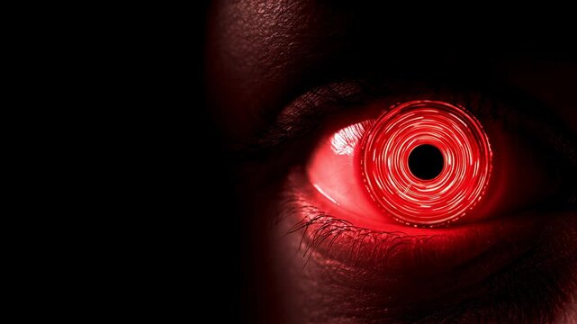 Human eye opening to reveal glowing red digital iris. Close up of woman pupil with technological light display. Futuristic scanning concept and cybernetic vision.