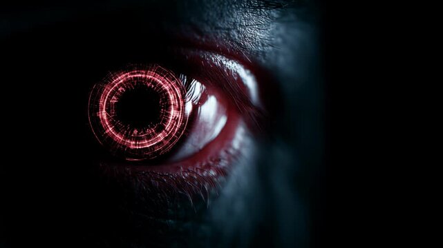 Human eye with red glowing digital iris. Cybernetic vision and futuristic bionic interface. High tech augmented reality scan of cyborg with scanning lens effect.