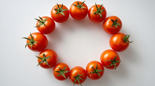A top-down composition of tomatoes arranged in a circular pattern on a clean white surface with green stems for contrast