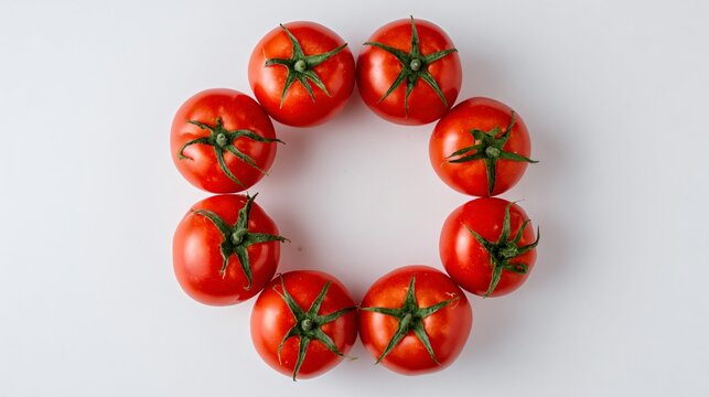 A top-down composition of tomatoes arranged in a circular pattern on a clean white surface with green stems for contrast