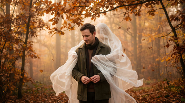 AI-generated ghost figure made of silk hugging man under falling leaves