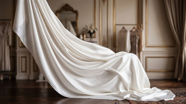 Elegant white satin silk fabric draping in soft folds inside a classic luxury room with parquet flooring