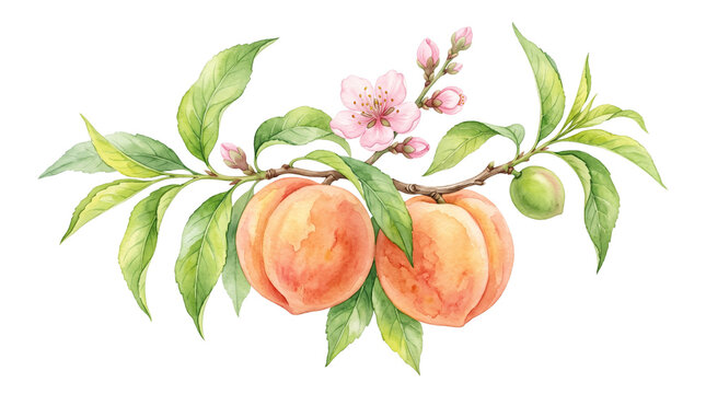 Watercolor peach fruit branch with pink blossoms, botanical peach tree illustration with green leaves, vintage hand painted summer fruit art isolated PNG with Transparent Background