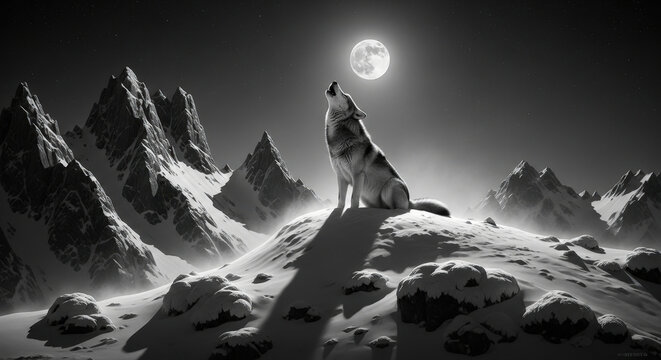 A solitary wolf howling at a brilliant full moon in a dramatic black and white mountain range, a stark nocturnal scene.