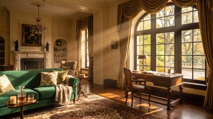 Obraz premium Warm sunlight rays streaming through a large arched window into an elegant classic living room with green velvet sofa