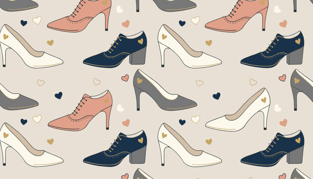 Chic seamless fashion footwear pattern with trendy high heels, lace up boots, and flat pumps in soft pastel tones.