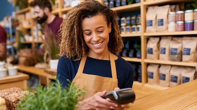 Smiling shopkeeper using a payment terminal at a counter in a sustainable store