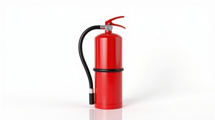 Obraz premium Extintor de incendios orientado hacia el frente, con manguera de descarga negra acoplada, perfectamente aislado sobre fondo blanco