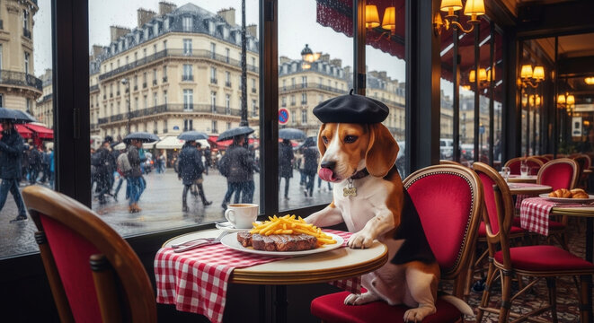 Beagle dog wearing black beret sitting inside restaurant looking at plate of steak and fries with rainy street view through window background.