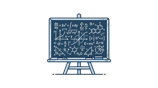 Chalkboard with mathematical equations and formulas.