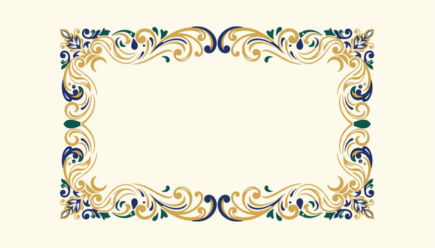 Decorative baroque frame with golden scrolls and navy blue details on a light cream background ideal for invitation.