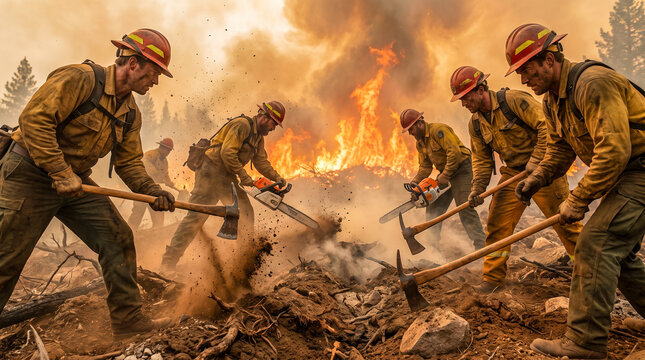 Bomberos creando un cortafuegos para frenar un incendio forestal con un estilo documental hiperrealista.