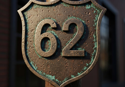 Close up of weathered rusted metal sign with large number sixty two shield shape aged patina distressed texture.