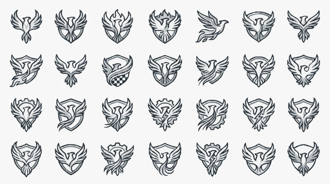 Professional Collection of 40 Unique Black and White Phoenix or Firebird Heraldic Crest Designs for Logos Emblems and Branding