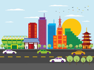 Fototapeta premium Flat Vector Cityscape Illustration with Skyscrapers, Pagoda, and Urban Traffic