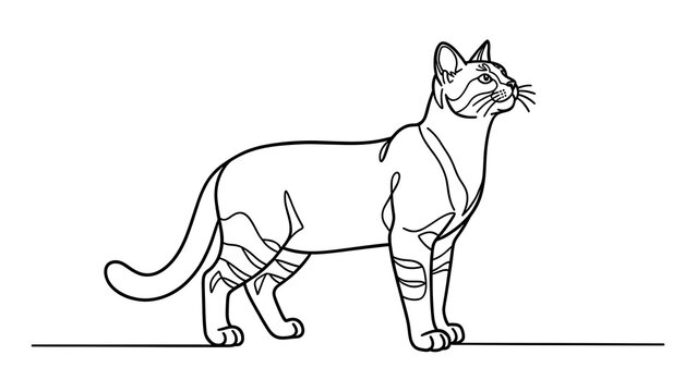 Line art drawing of a cat on white background.