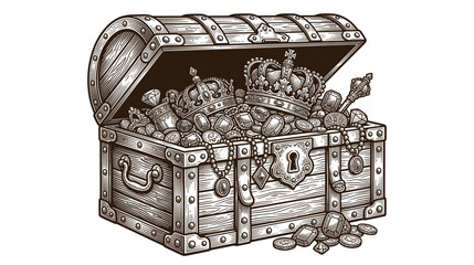 Treasure Chest Overflowing with Gold Coins, Jewels, and Crowns © kisut