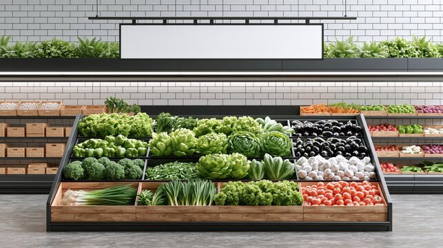Modern grocery store produce aisle with fresh vegetables and a blank sign