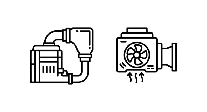 Industrial water pump and ventilation fan mechanical icons with ventilation mechanical industry industrial equipment engineering technical plumbing circulation extraction hardware