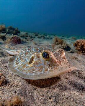 A beautiful blue spotted stingray resting calmly on the sandy ocean floor, its patterned skin blending with the seabed.