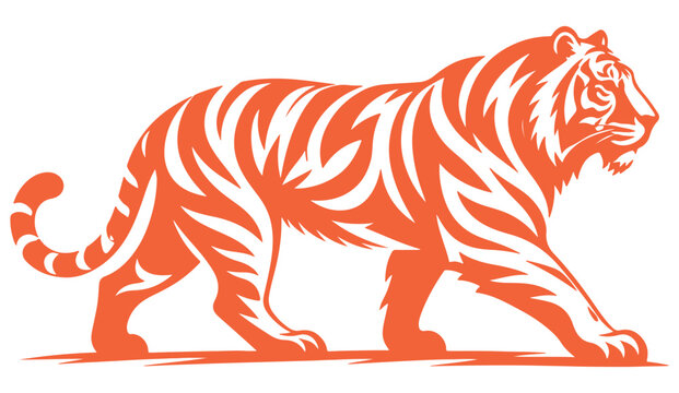 Orange tiger vector illustration, walking wild cat mascot in tribal tattoo style, majestic bengal tiger silhouette for sports logo and branding