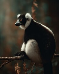 Fototapeta premium A black and white lemur sits calmly on a tree branch in a lush, blurred rainforest environment