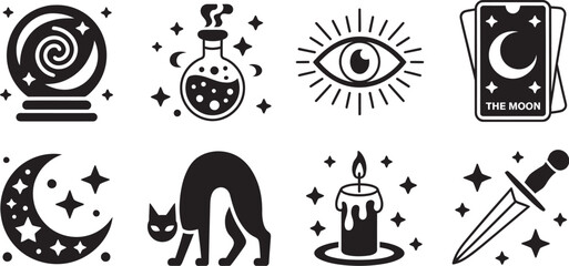 Celestial and magic vector collection with crystal ball, tarot, black cat, mystical celestial elements, astrology, occult symbols, fortune telling and enchanted fantasy illustrations. ©  