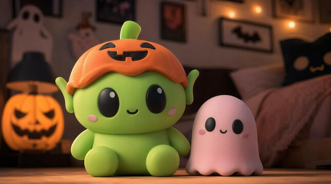 Cute Halloween characters a green alien with pumpkin hat and a pink ghost