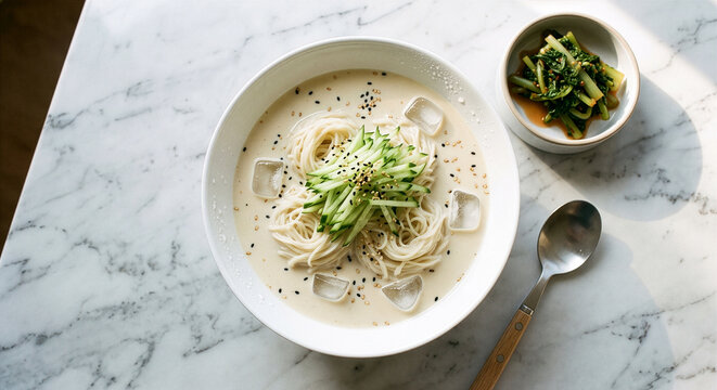 Korean cold soy milk noodles kongguksu in white ceramic bowl on marble counter with yeolmu kimchi side dish top down view