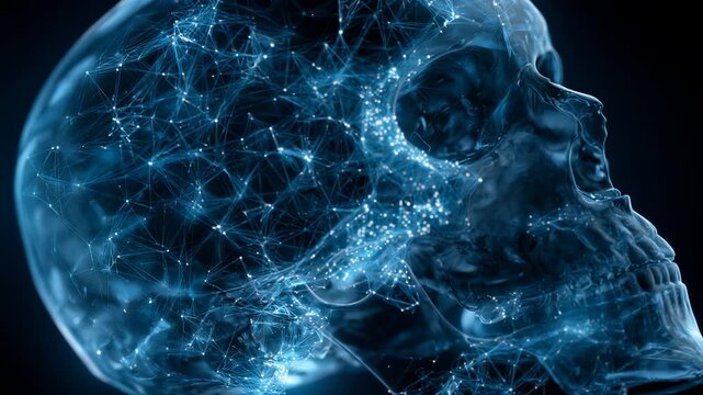 Digital human skull with glowing neural network connections. Futuristic anatomy model with data flowing through brain. Science and artificial intelligence concept.