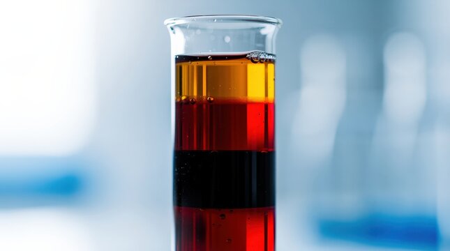 A close-up image of a laboratory test tube containing three distinct liquid layers in amber, red, and black colors.