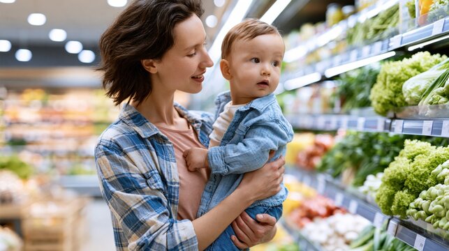Young mother holding her baby boy while shopping for fresh produce in a supermarket