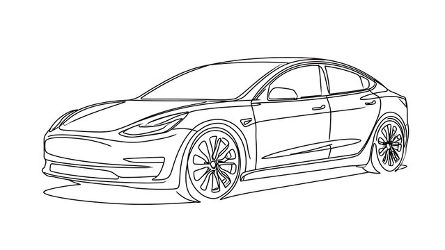 Tesla Model 3 line art white background.
