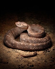 Fototapeta premium A coiled rattlesnake, a venomous reptile, resting cautiously on the jungle floor with soft shadows.