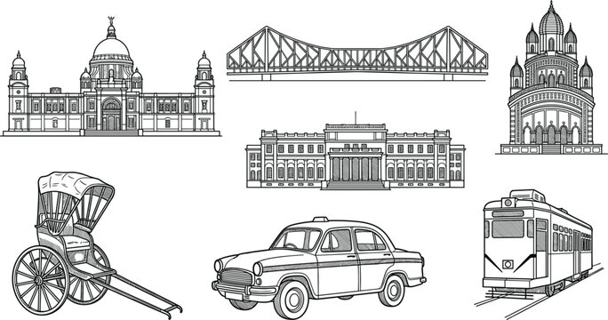 Kolkata landmark outline collection with Howrah Bridge Victoria Memorial tram taxi and rickshawKolkata landmark outline collection with Howrah Bridge Victoria Memorial tram taxi and rickshaw