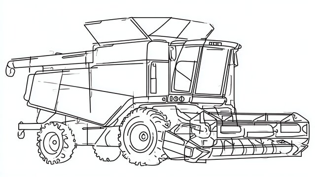 Line art combine harvester illustration white background.