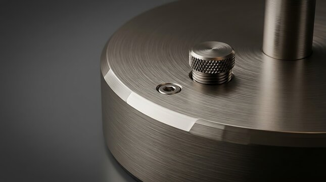 Close up of metal object with knob and cylindrical protrusion on brushed surface