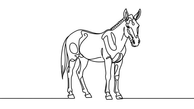 Simple line drawing of a donkey white background.