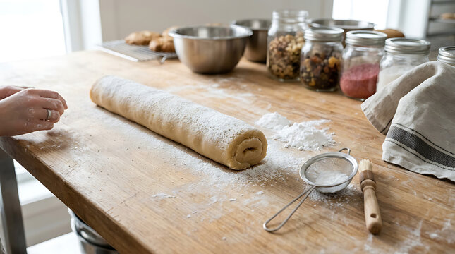 Rolled marzipan dough ready for baking, dusted with powdered sugar on a wooden kitchen table with baking ingredients.