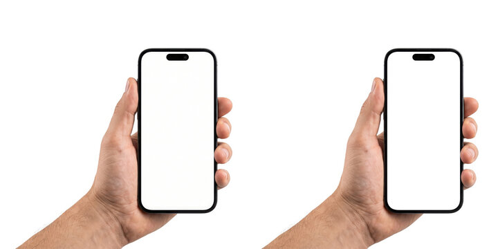 Two hands holding modern smartphones with blank white screens for mockup app design isolated on transparent background with digital marketing content clean lighting professional composition PNG
