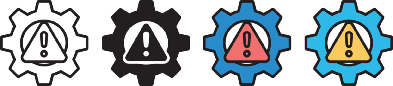 Failure icon set featuring gear and exclamation mark symbols representing system error, malfunction, warning alerts, technical issues, equipment failure, maintenance and industrial vector illustration