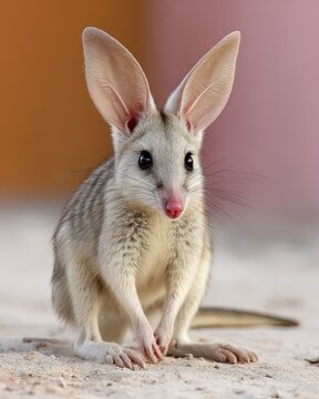 A detailed close-up portrait of a bilby with long ears and pink nose on sandy ground, showcasing its unique features.