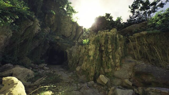 Dark cave mouth under sunlit cliff, rocky threshold strewn with boulders and roots, contrast between bright rim and inky interior evokes mystery and invitation