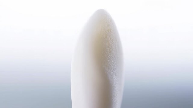 Centered macro view of pointed white foam swab tip against soft blue gray gradient background, frontal viewpoint with diffused light showing fibrous texture, rounded apex, clean minimal studio